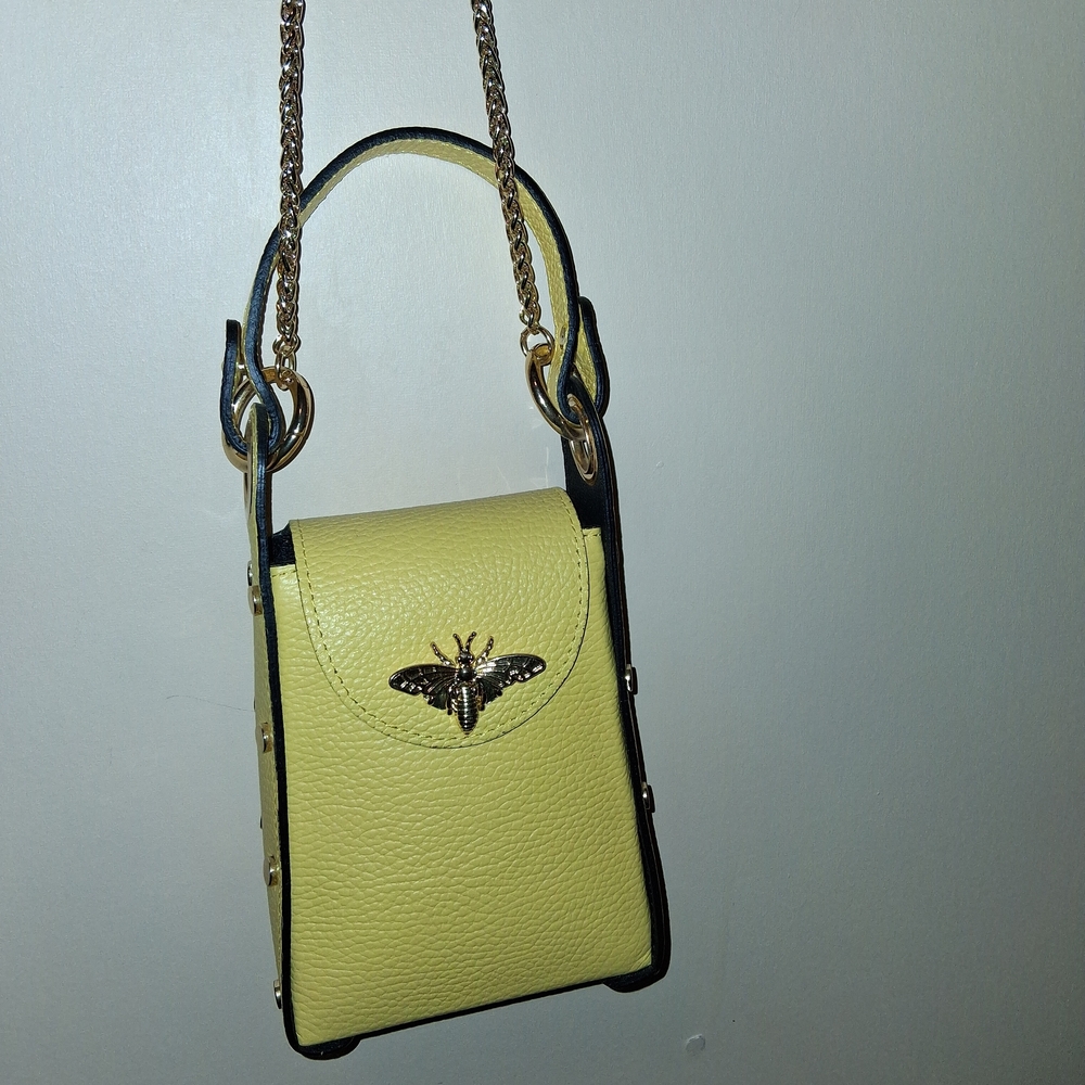 Yellow Leather Bee Bag With Gold Chain Strap and Hardware